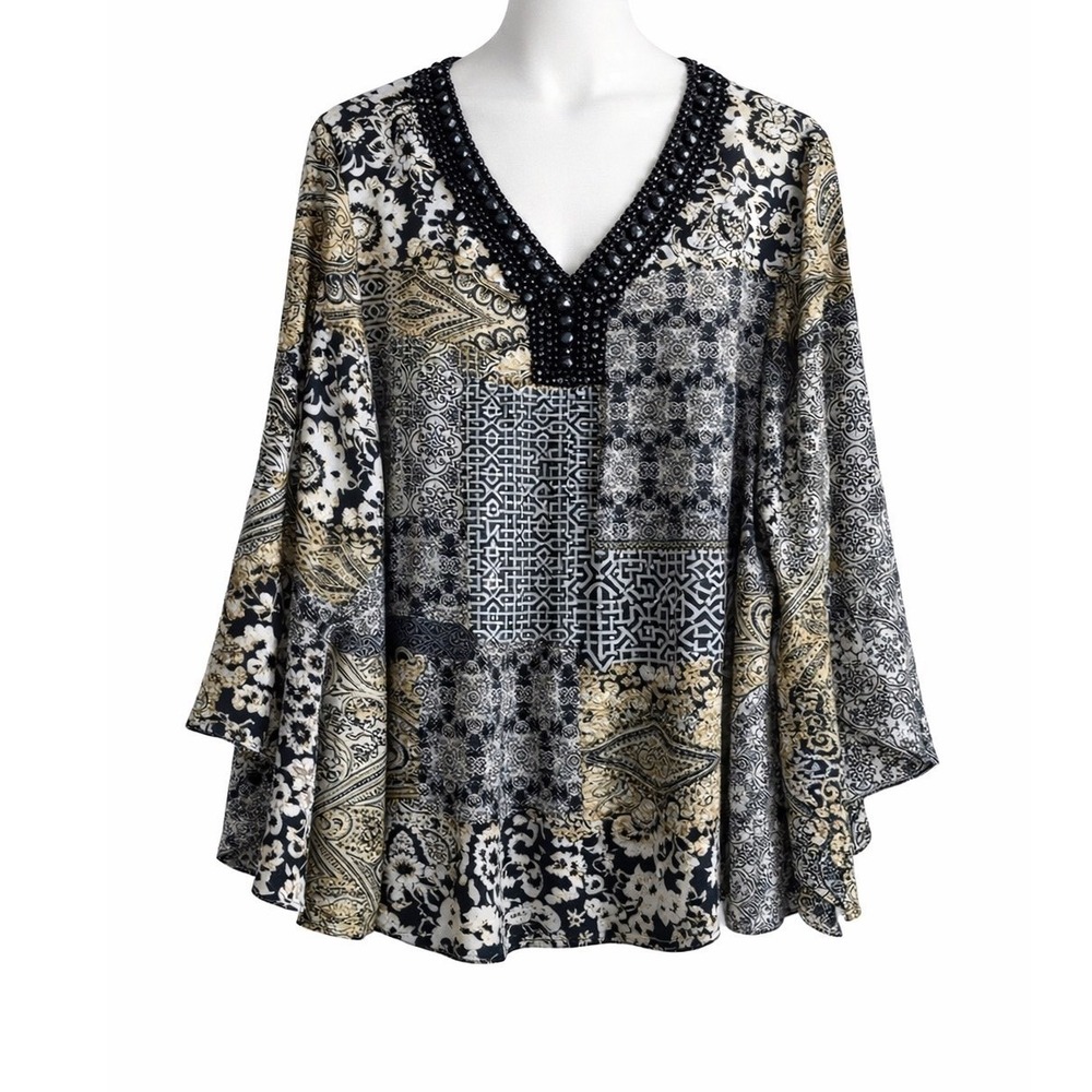 Cato Women Boho Chic Paisley Top 18/20W Black Yellow Beaded Bell Sleeve Top